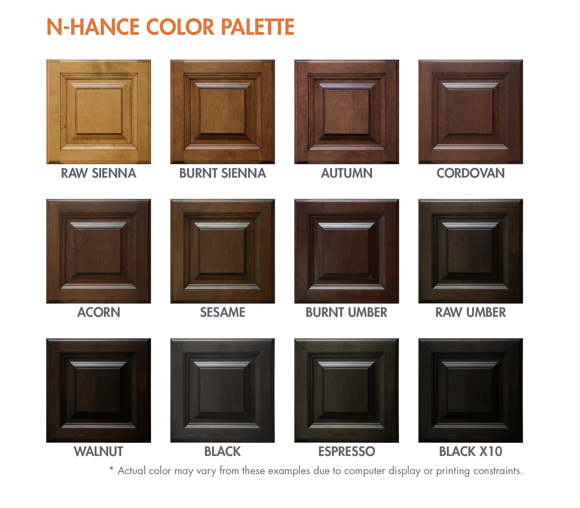 Text at the top of the image reads N-Hance Color Palette. The image shows 12 samples of cabinet doors stained in different colors in the N-Hance Color palette.