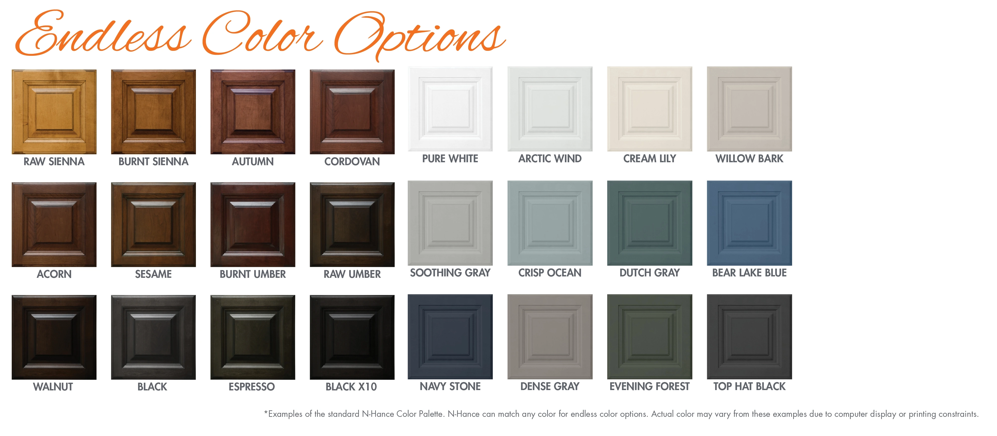 Text at the top reads Endless Color Options. Image shows 29 cabinet samples all painted in different colors that N-Hance offers.