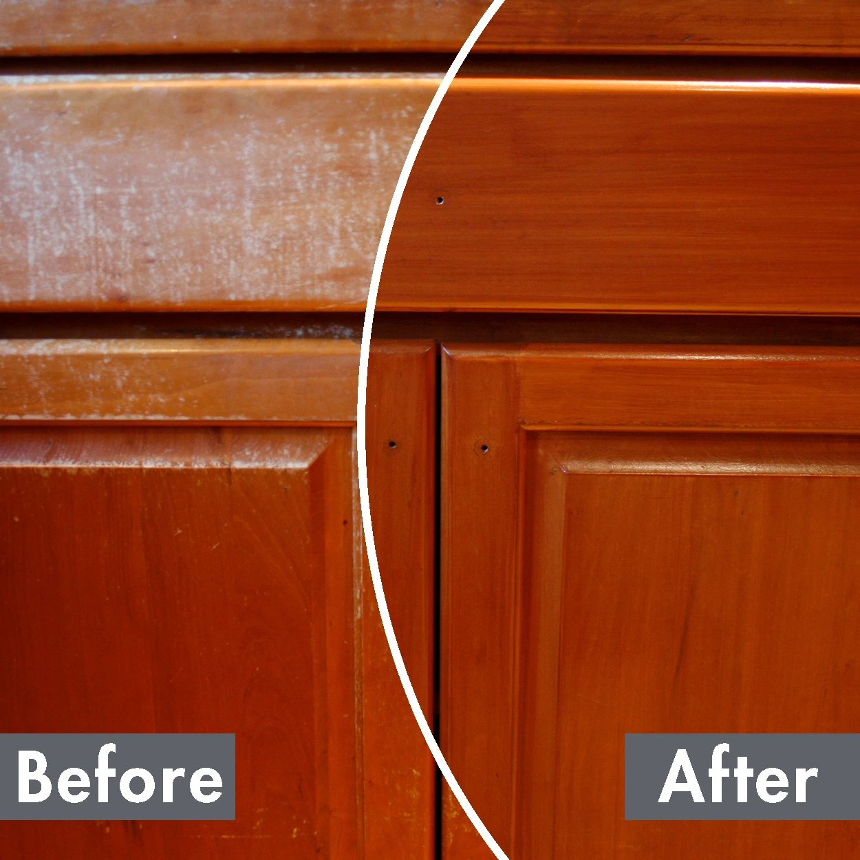 On the left, a worn cabinet with scuffs and scratches before N-Hance refinishing work. On the right, the same cabinet looks brand new after N-Hance cabinet refinishing.