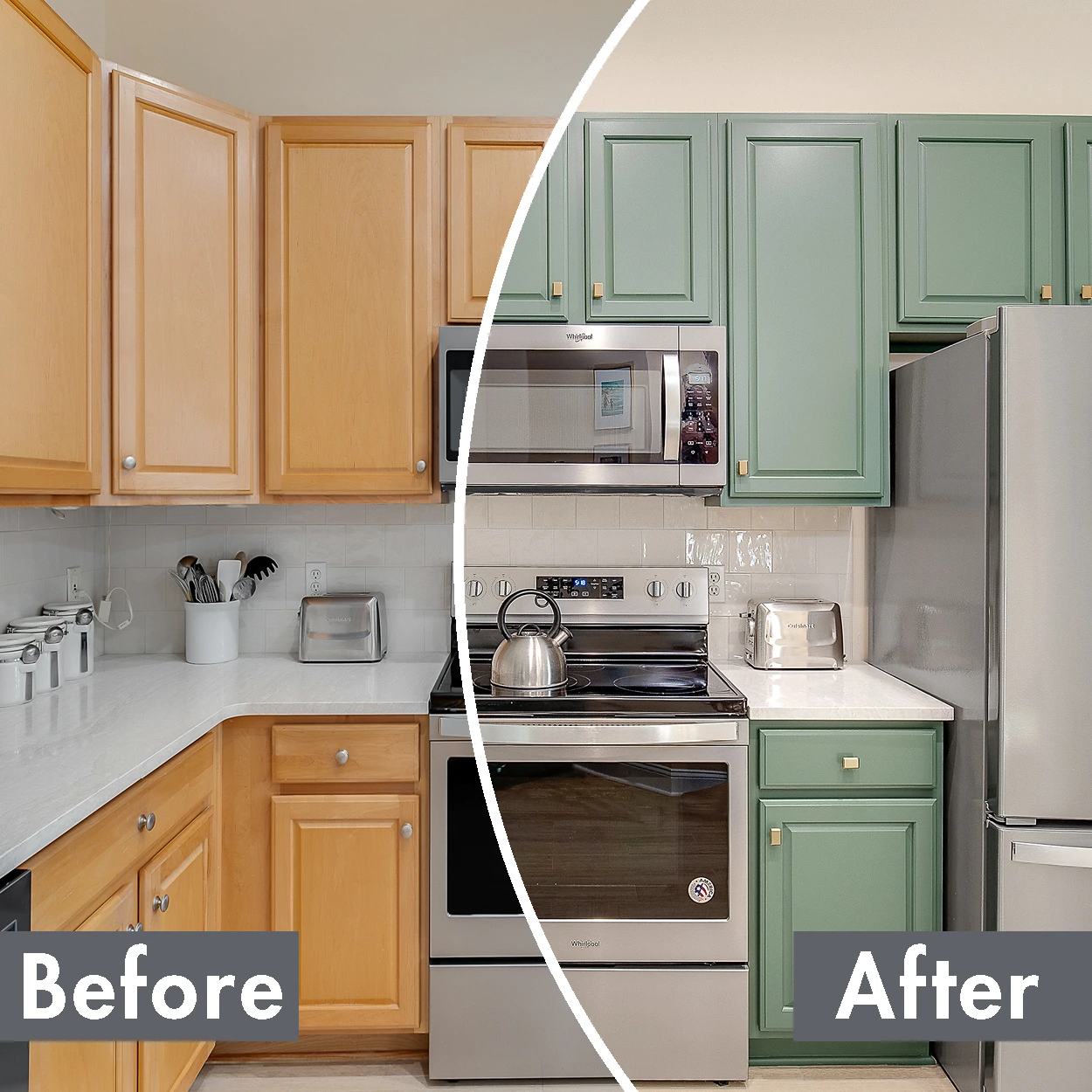 On the left, a kitchen with unpainted cabinets before N-Hance custom painted finishing. On the right, the same kitchen with the cabinets painted in a light green color, after N-Hance custom painted finishing work.