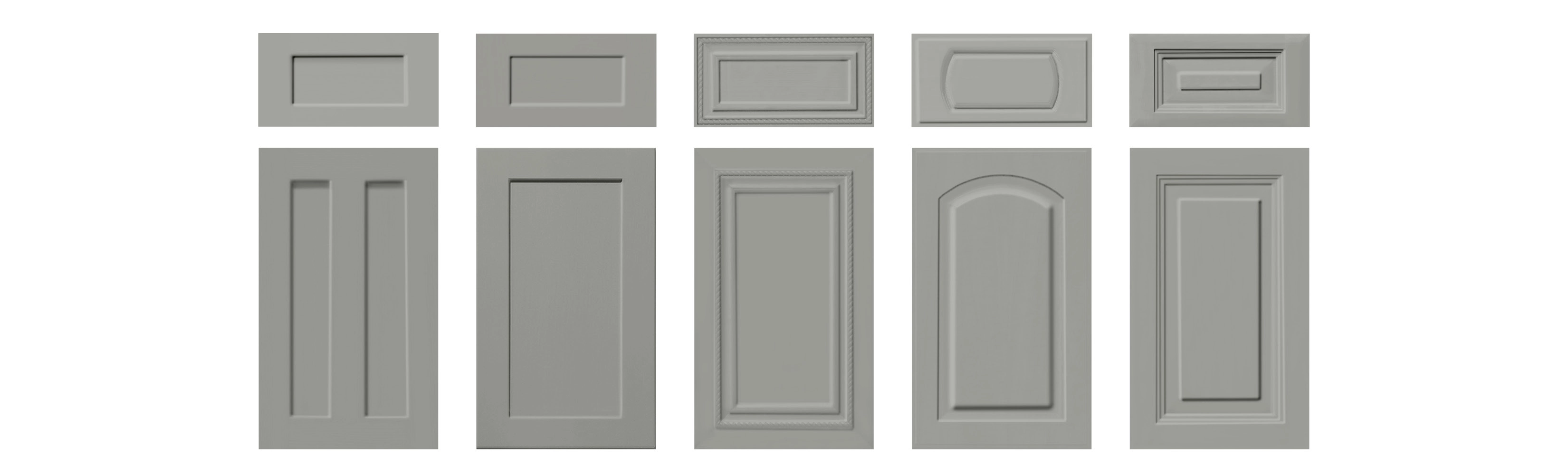 The image shows 5 different options for cabinet door styles with different framing.