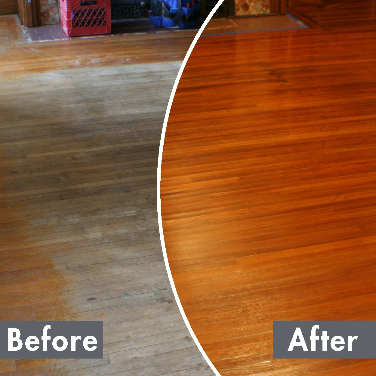On the left, a worn hardwood floor with discoloration and signs of heavy foot traffic. On the right, the same floor looks brand new after N-Hance hardwood floor refinishing.