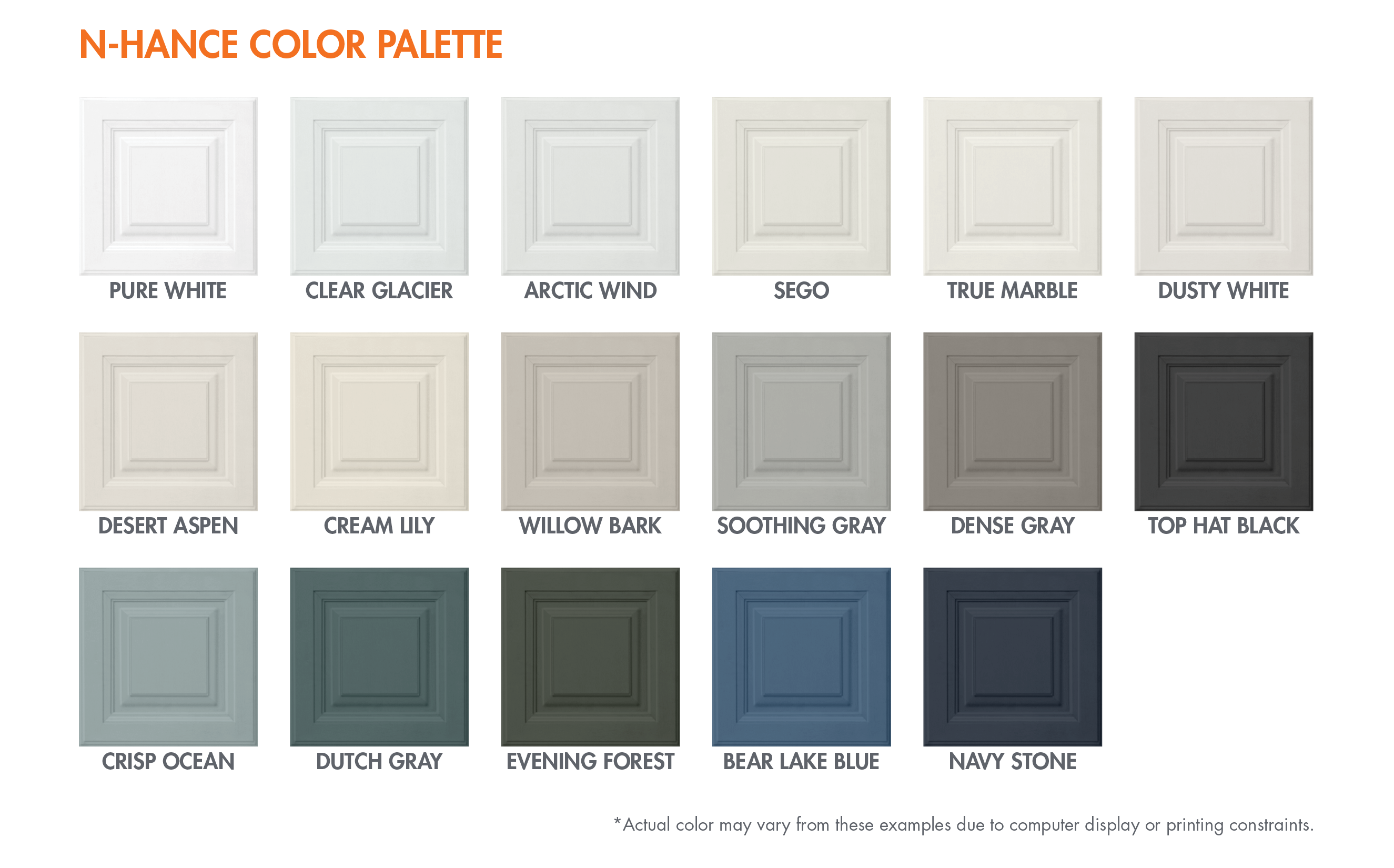 Text at the top of the image reads N-Hance Color Palette. The image shows 17 samples of cabinet doors painted in different colors in the N-Hance Color palette.