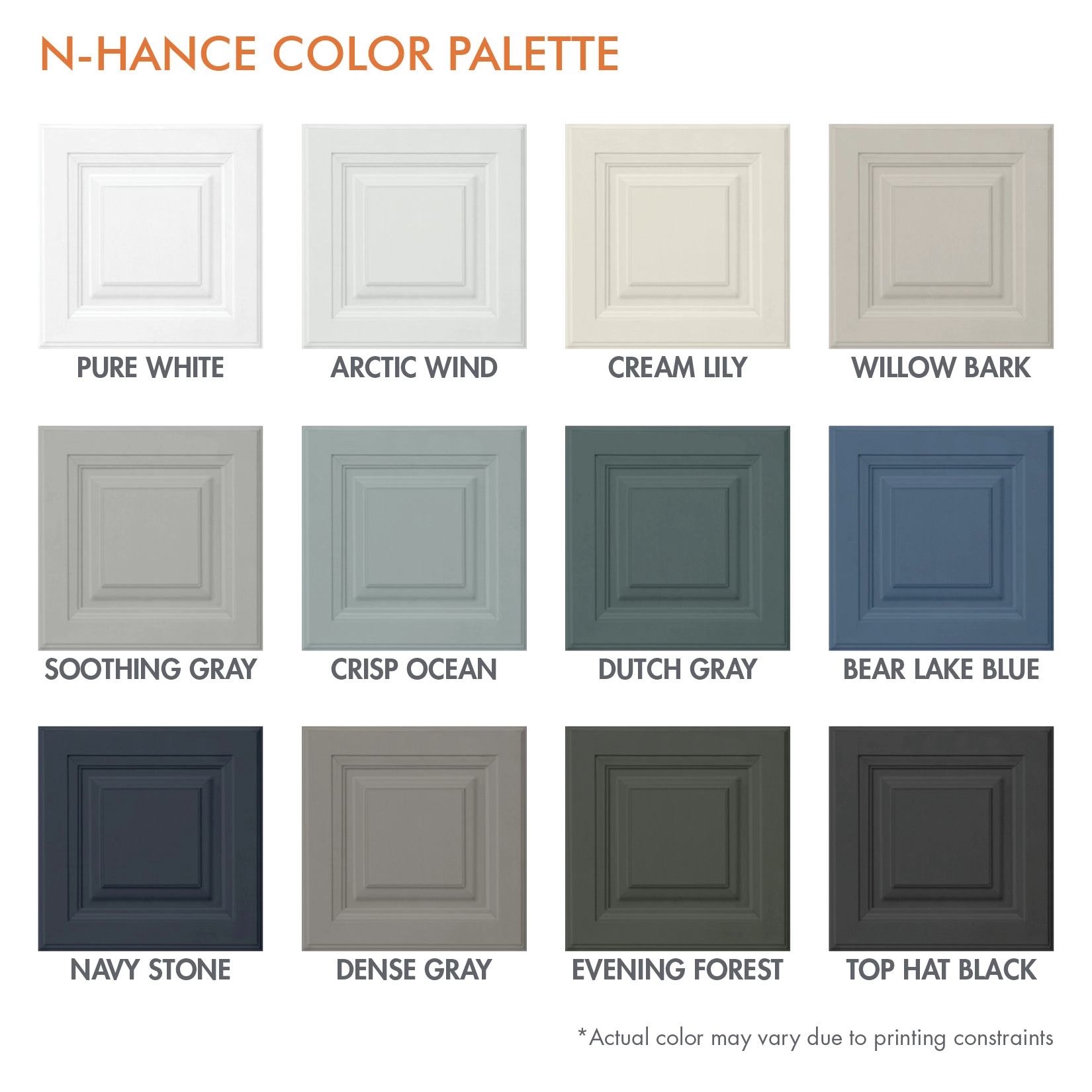 Text at the top of the image reads N-Hance Color Palette. The image shows 17 samples of cabinet doors painted in different colors in the N-Hance Color palette.